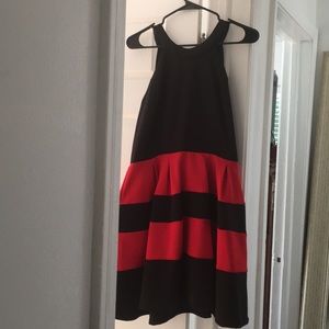 High neck red and black striped dress